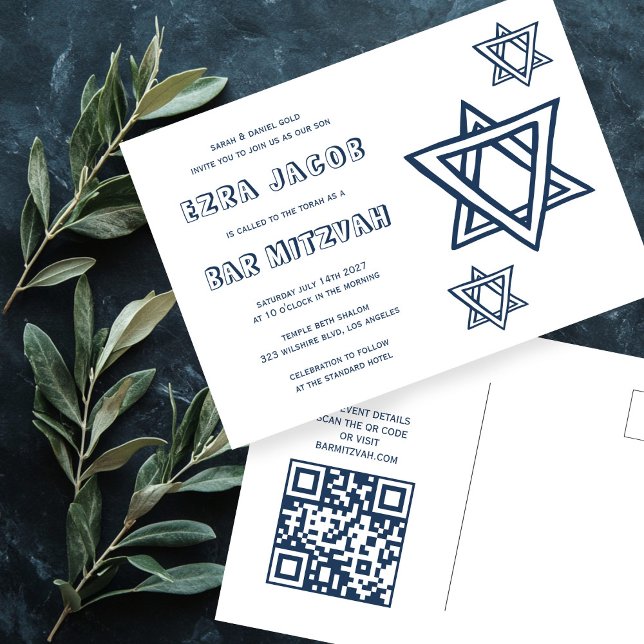 Postal LETRA EXTRAORDINARIA ESTRELLA DEL Personalizado DA (OUTLINE LETTER STAR of DAVID Custom QR Code BAR BAT Mitzvah Postcard
)