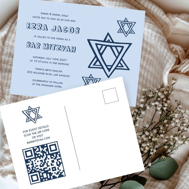 Postal LETRA EXTRAORDINARIA ESTRELLA DEL Personalizado DA (OUTLINE LETTER STAR of DAVID Custom QR BAR Mitzvah Postcard
)