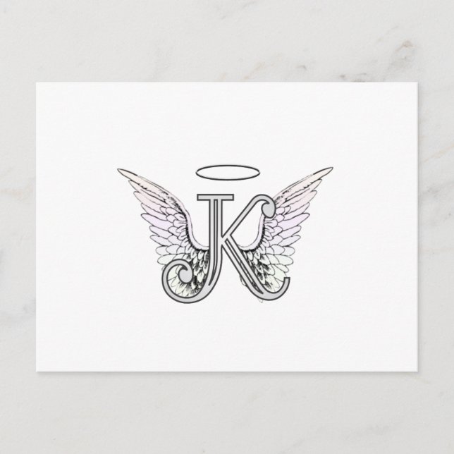 Postal Letra K Monograma inicial con Angel Wings & Halo (Anverso)