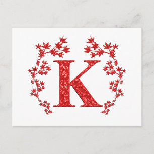 Postal Letra monograma K hojas rojas