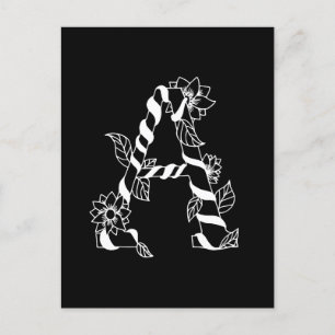 Postal Letra negra y blanca "A" con flores de remolque