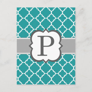 Postal Letra verde azulada azul monograma P Quatrefoil