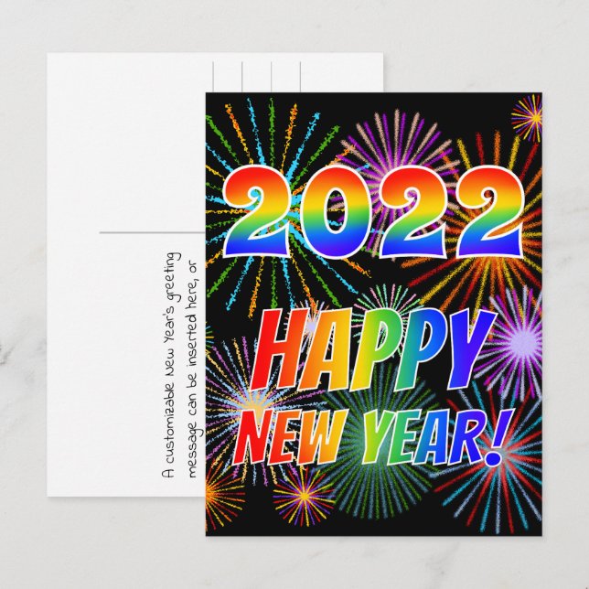 Postal Letras arcoiris "2022" + "¡FELIZ AÑO NUEVO!" (Anverso / Reverso)