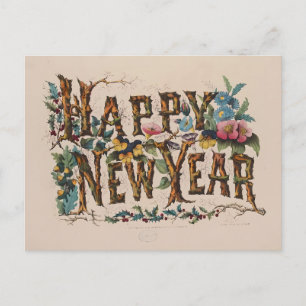 Postal Letras Botánicas Vintage "Feliz Año Nuevo"