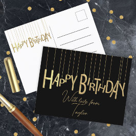 Postal Letras doradas colgantes sobre negro Feliz Cumplea