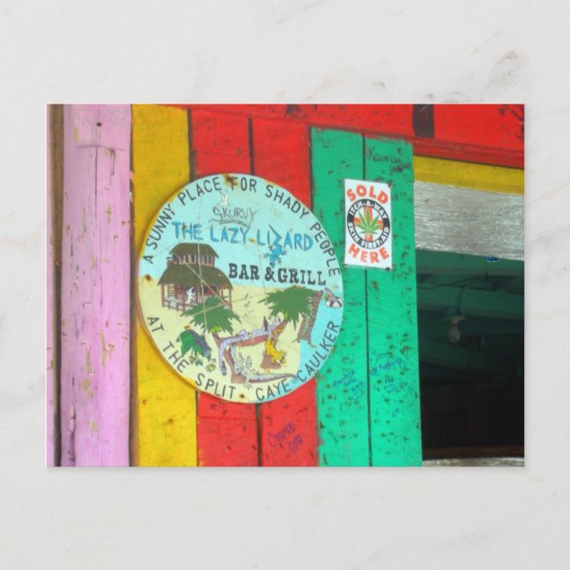 Postal Letrero de Lazy Lizard en Caye Caukler Belice Tarj (Anverso)