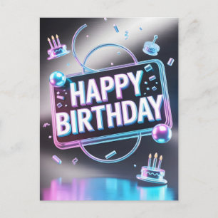 Postal Letrero Neon 3D "Feliz Cumpleaños" Futurista