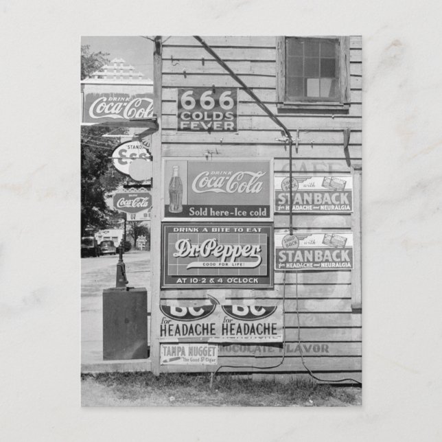 Postal Letreros en una tienda general, 1938 (Anverso)