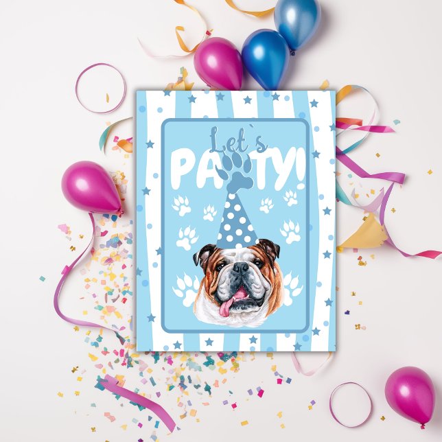 Postal Let's pawty bulldog ilustracion azul Cumpleaños In (Subido por el creador)