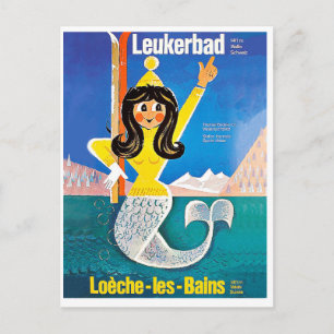 Postal Leukerbad, Suiza, sirena con equipo de esquí