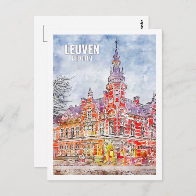 Postal Leuven Belgium Famoso lugar de viaje acuarela (Anverso / Reverso)