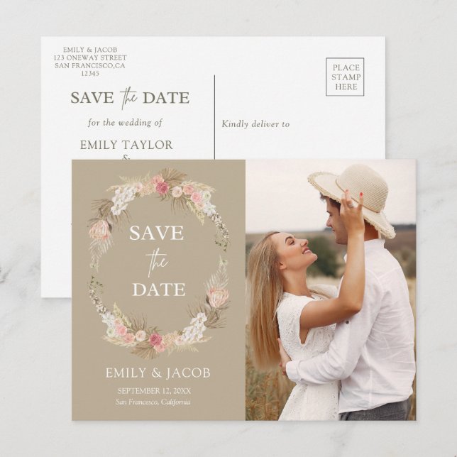 Postal Leyenda floral Taupe Boho Guardar fecha (Anverso / Reverso)