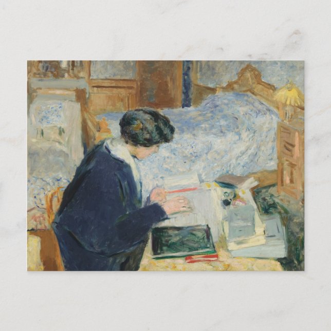Postal Leyendo al lado de su cama (Anverso)