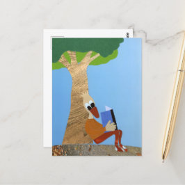 Postal Lezende eend met boek tegen boom love nature