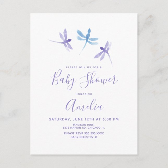 Postal Libellula Acuarela Morado Azul Shower de Bebe (Anverso)
