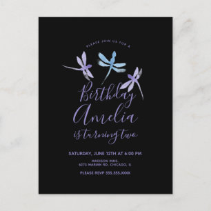 Postal Libélula Acuarela Cumpleaños Morado Negro Fiesta