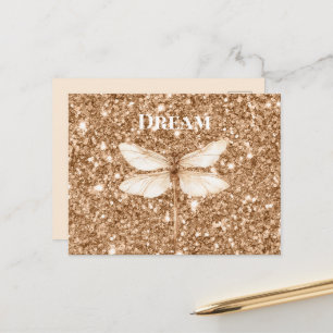 Postal Libélula Blanca con Brillo Falso Dorado