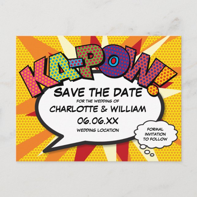 Postal Libro de Cómic Divertido KA-POW Guarda la Fecha (Anverso)