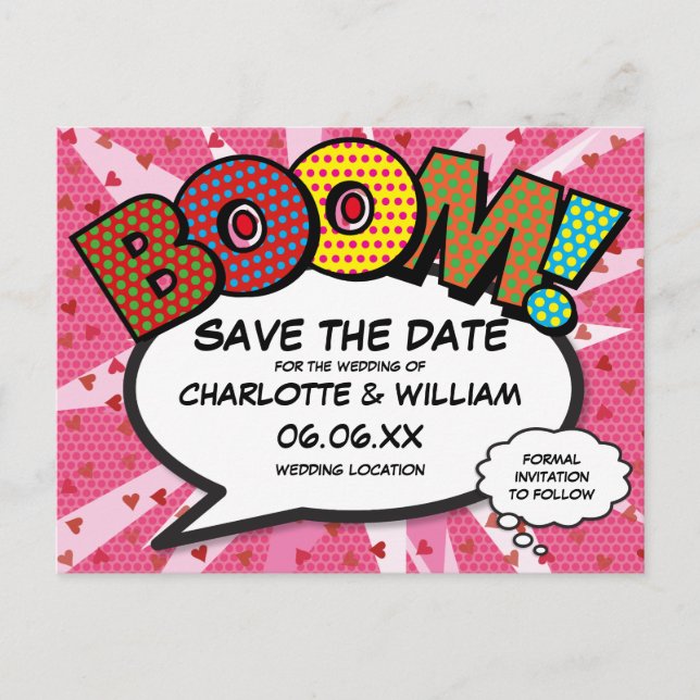 Postal Libro de Cómic Divertido Moderno BOOM Rosa Guardar (Anverso)