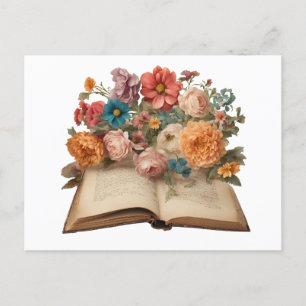 Postal Libros antiguos y flores de jardín