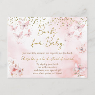 Postal Libros Baby Shower sobre mariposas rosadas para be