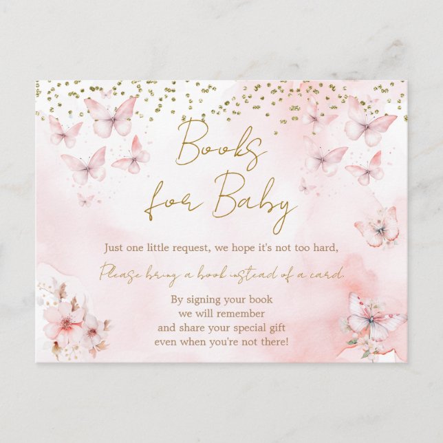 Postal Libros Baby Shower sobre mariposas rosadas para be (Anverso)