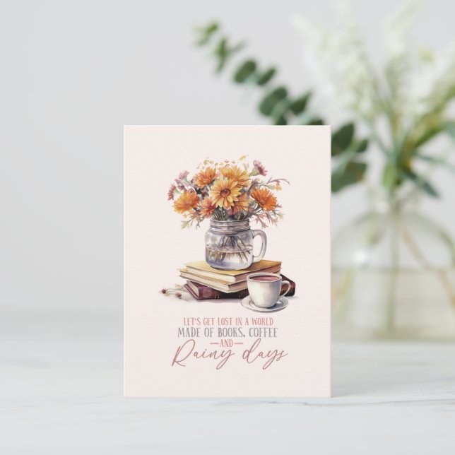 Postal Libros, café y días lluviosos (Anverso de pie)