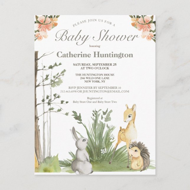 Postal Libros de Baby Shower de animales de bosque dulces (Anverso)