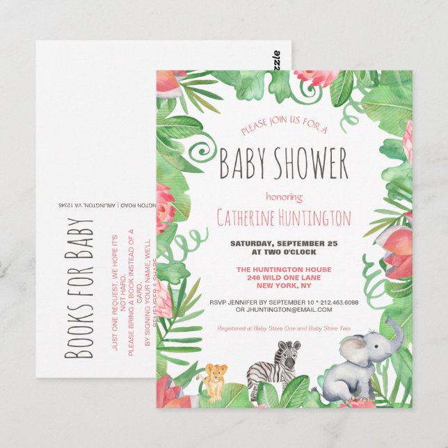 Postal Libros de Baby Shower de animales salvajes para be (Anverso / Reverso)