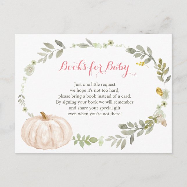 Postal Libros de Baby Shower de Floral Fall Pumpkin Green (Anverso)