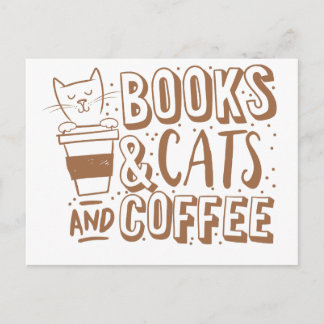 Postal libros de gatos y café
