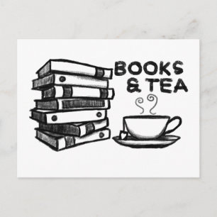 Postal Libros dibujados a mano y té