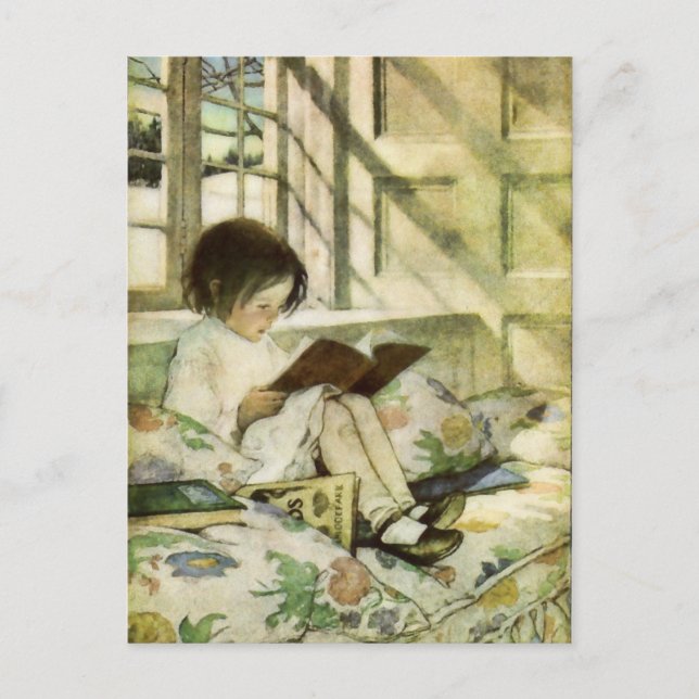 Postal Libros en invierno de Jessie Willcox Smith (Anverso)