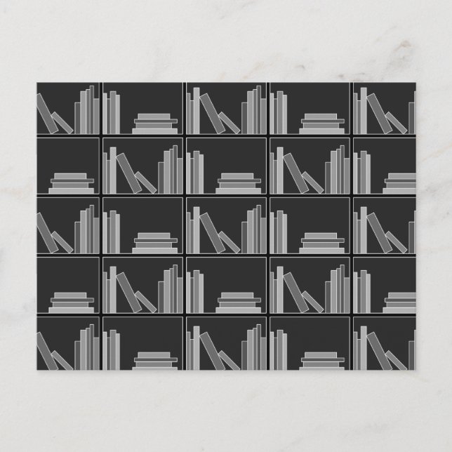 Postal Libros en Shelf. Gris, negro y blanco. (Anverso)