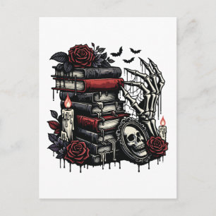 Postal Libros góticos de Dark Academia y esqueleto