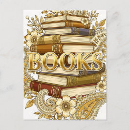 Postal Libros lectores escritores bibliófilos tono dorado