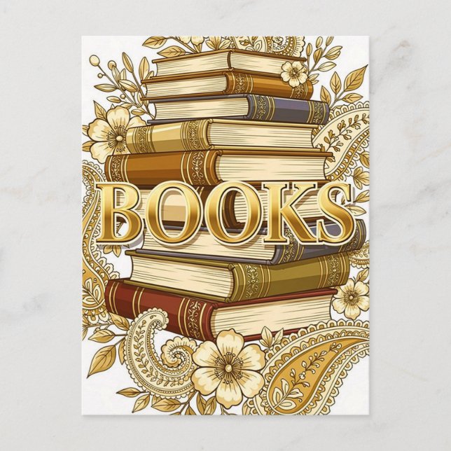 Postal Libros lectores escritores bibliófilos tono dorado (Anverso)