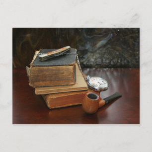 Postal Libros, tuberías, Pocket Watch y Knife Still Life