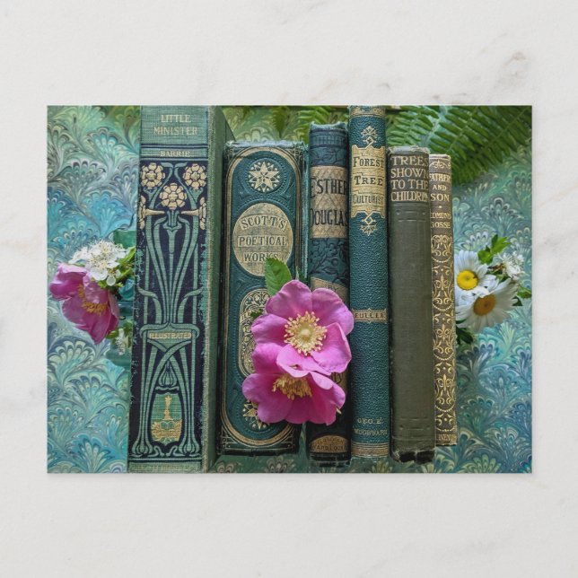 Postal Libros verdes antiguos y rosas rosadas salvajes (Anverso)