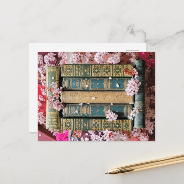 Postal Libros verdes - Flores rosas (Anverso/Reverso In Situ)