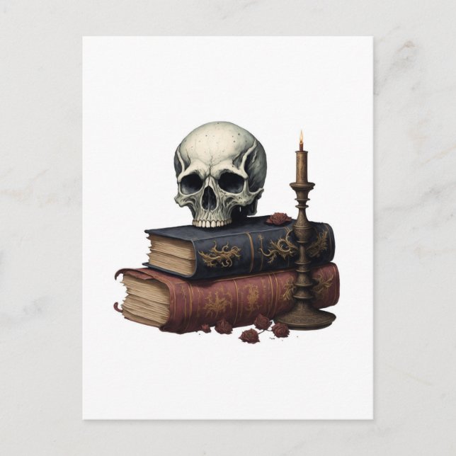 Postal Libros y calavera y vela de Halloween (Anverso)
