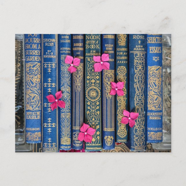 Postal Libros y Flores (Flores rosadas) (Anverso)
