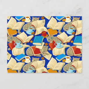 Postal Libros y gatos en azul