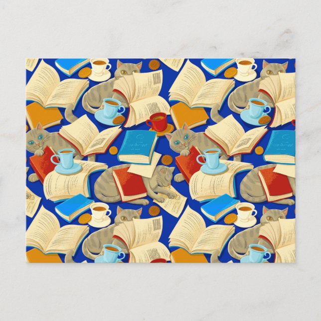 Postal Libros y gatos en azul (Anverso)