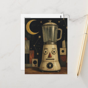 Postal Licuadora surrealista con una cara