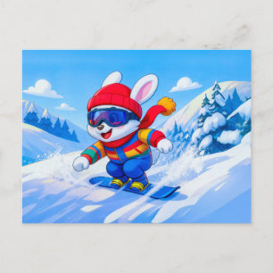 Postal Liebre de nieve haciendo snowboarding en una monta
