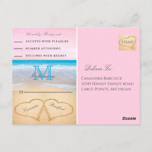 Postal Light Blus Pink 2 Heart Sand Beach Wedding RSVP