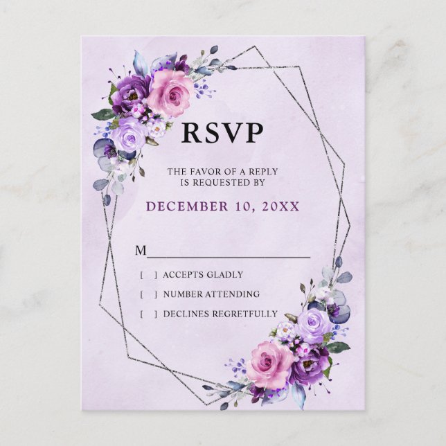 Postal Lilac Púrpura Brillante Tonos Flores RSVP (Anverso)