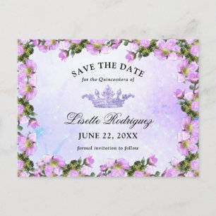 Postal Lilac Púrpura Floral Quinceañera Salva La Fecha