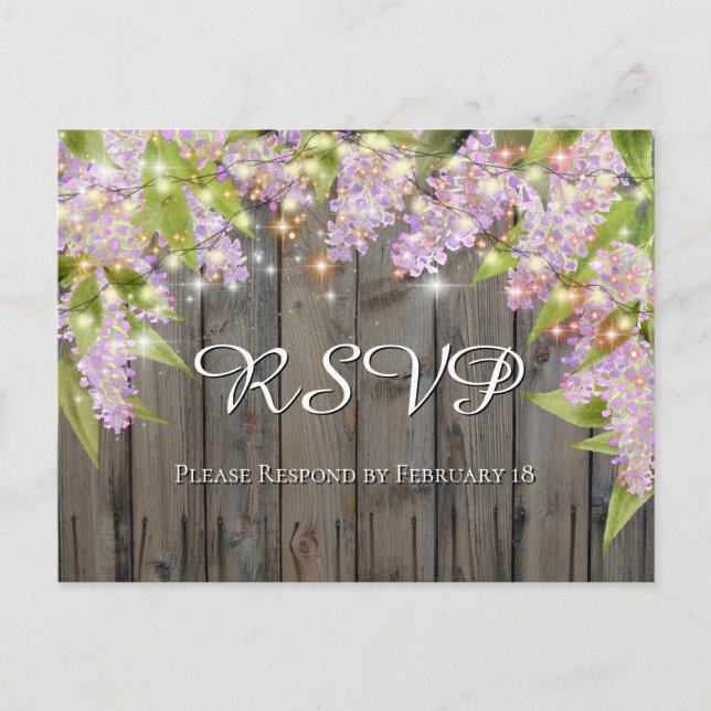 Postal Lilacs acuarela con Wood & Lights Wedding RSVP (Anverso)